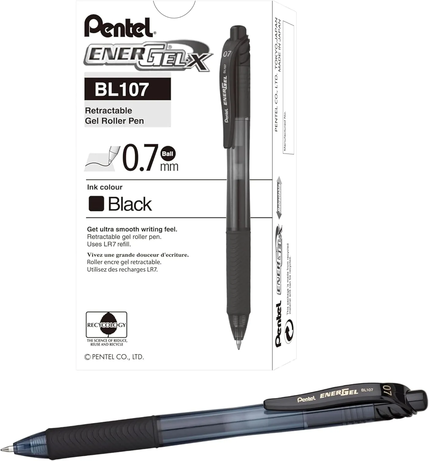 Pentel EnerGel X Retractable Liquid Gel Pens, Medium Point, 0.7 mm, 84% Recycled, Assorted Barrels, Black Ink, Box Of 12 Pens