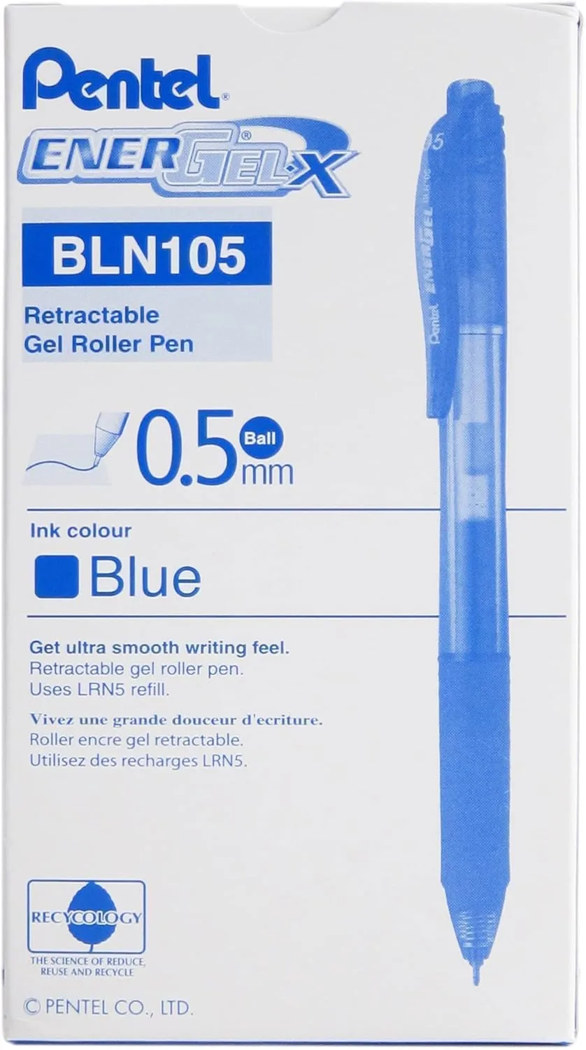 Pentel BLN105C EnerGel-X Retractable Roller Gel Pen, .5mm, Blue, Dozen