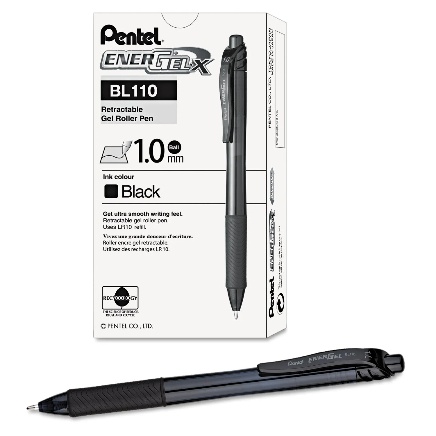 Pentel EnerGel-X Retractable Gel Pens, Bold Point, 1.0 mm, Black Barrel, Black Ink, Pack Of 12 Pens