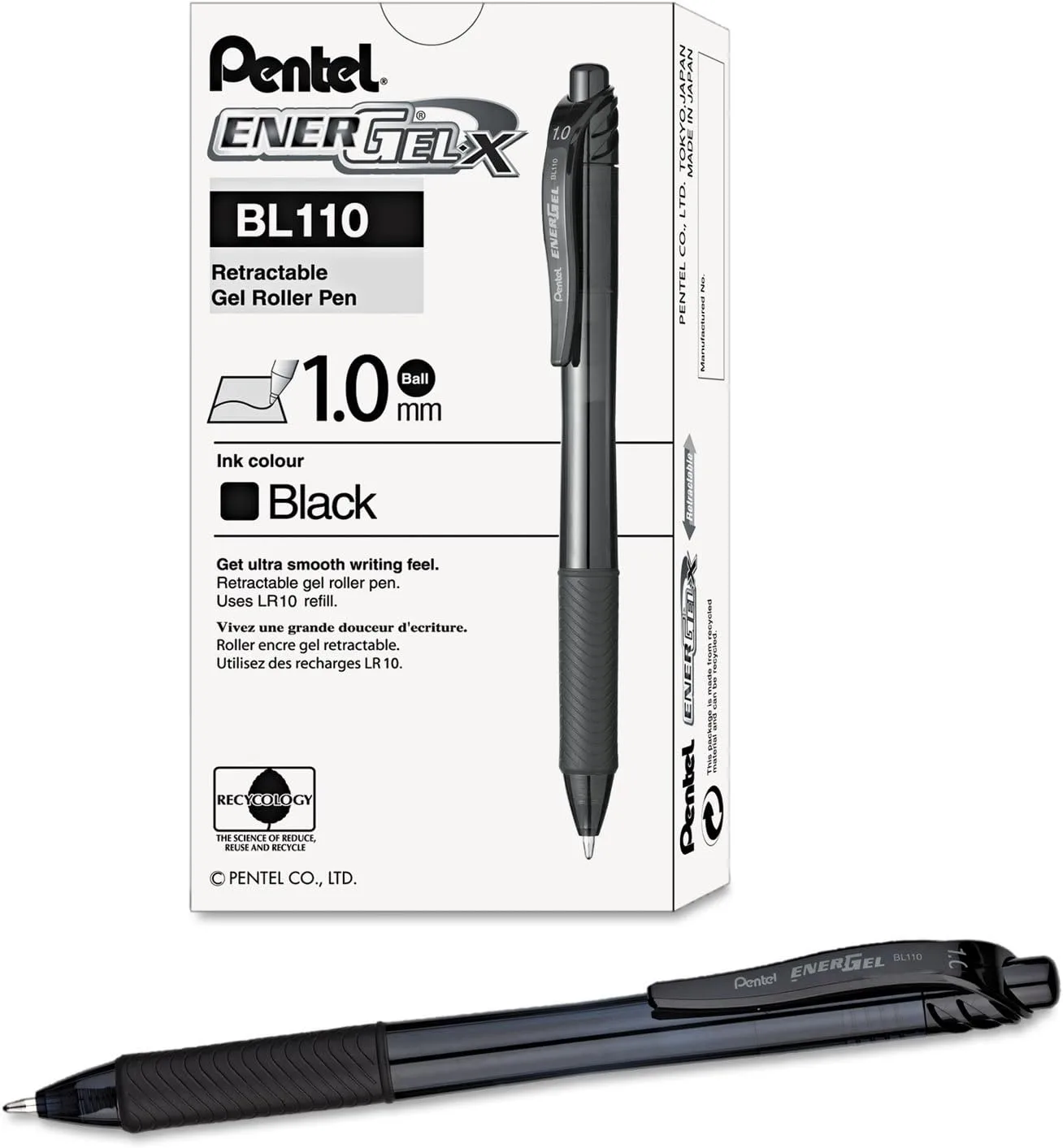 Pentel EnerGel-X Retractable Gel Pens, Bold Point, 1.0 mm, Black Barrel, Black Ink, Pack Of 12 Pens