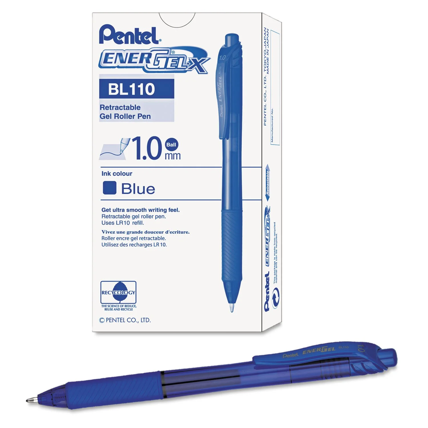 Pentel EnerGel-X Retractable Gel Pens, Bold 1.0 mm, Blue Ink, Pack of 12