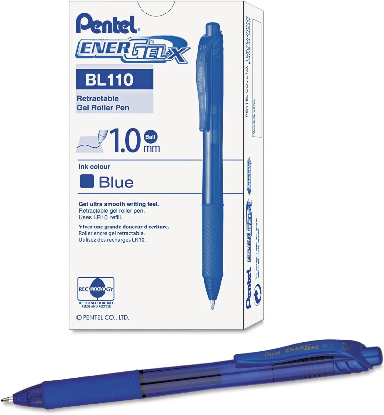 Pentel EnerGel-X Retractable Gel Pens, Bold 1.0 mm, Blue Ink, Pack of 12
