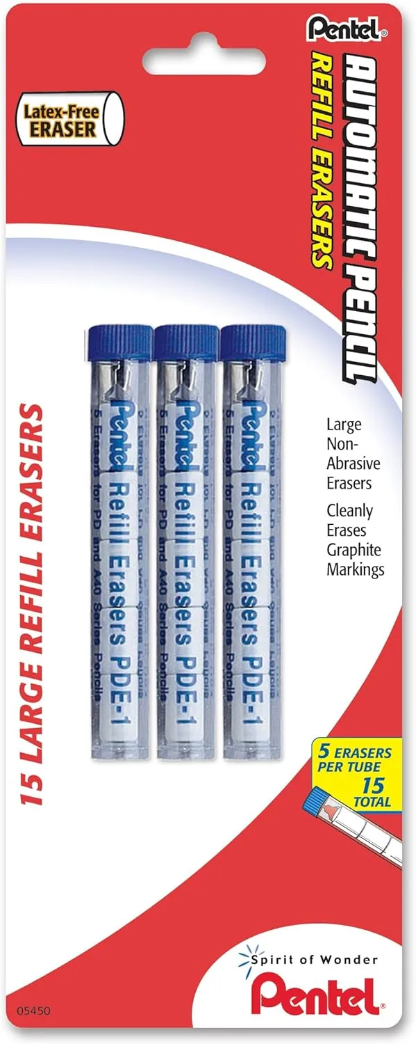 Pentel Refill Erasers for AL/AX/PD Series Mechanical Pencils, Pack of 15