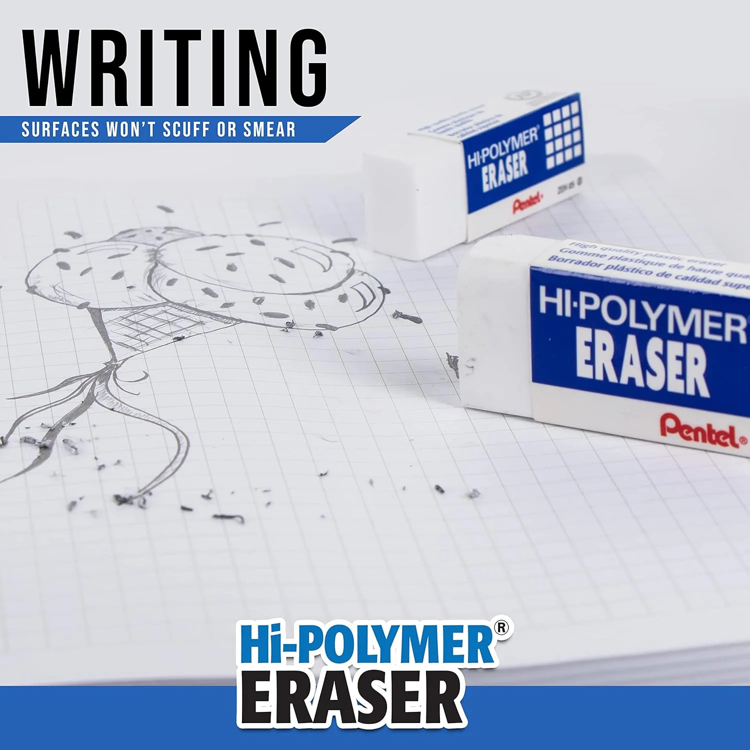Pentel Hi-Polymer Block Eraser, Large, White, Pack of 4 (ZEH10BP4) White 4 Count (Pack of 1)