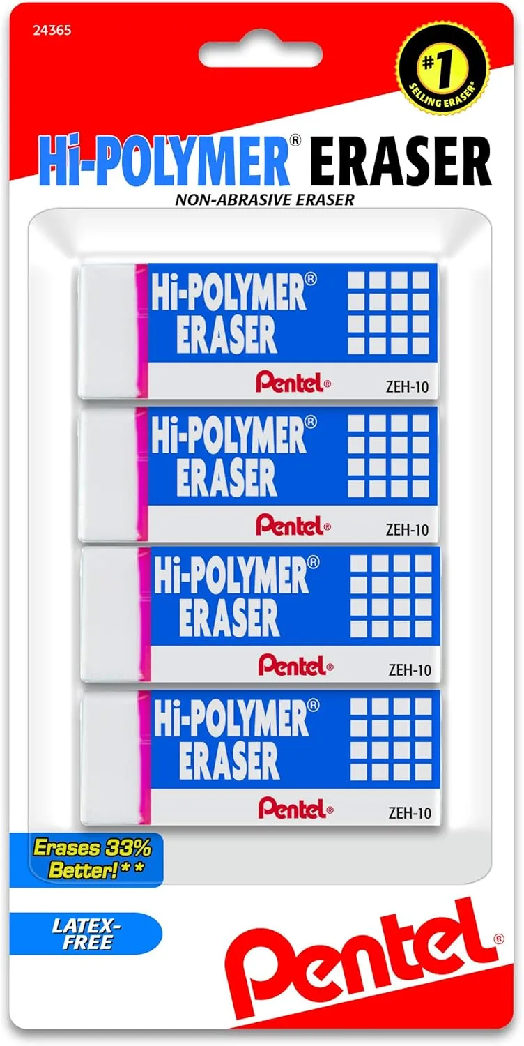 Pentel Hi-Polymer Block Eraser, Large, White, Pack of 4 (ZEH10BP4) White 4 Count (Pack of 1)