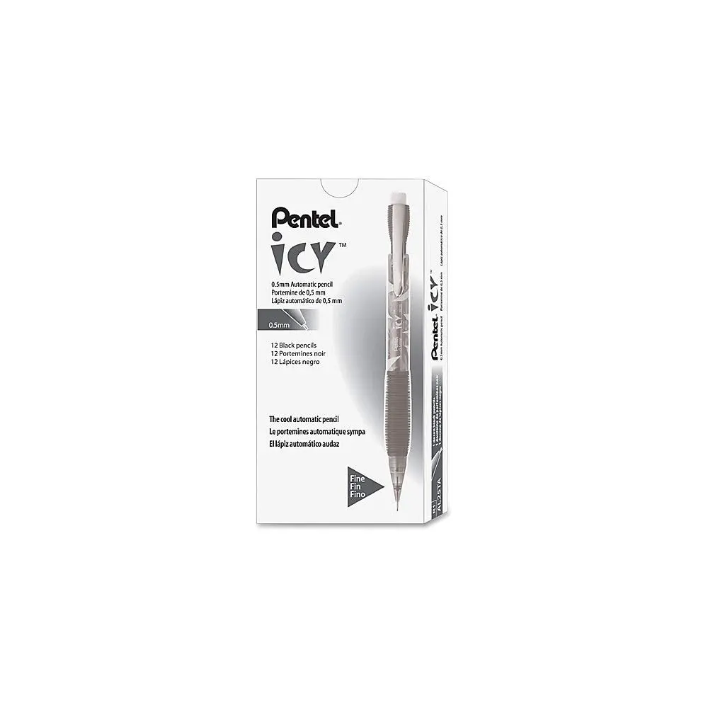 Pentel Icy Mechanical Pencils, #2 Lead, Fine Point, 0.5 mm, Black Barrel, Pack Of 12