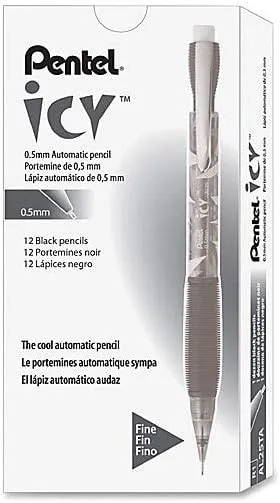 Pentel Icy Mechanical Pencils, #2 Lead, Fine Point, 0.5 mm, Black Barrel, Pack Of 12