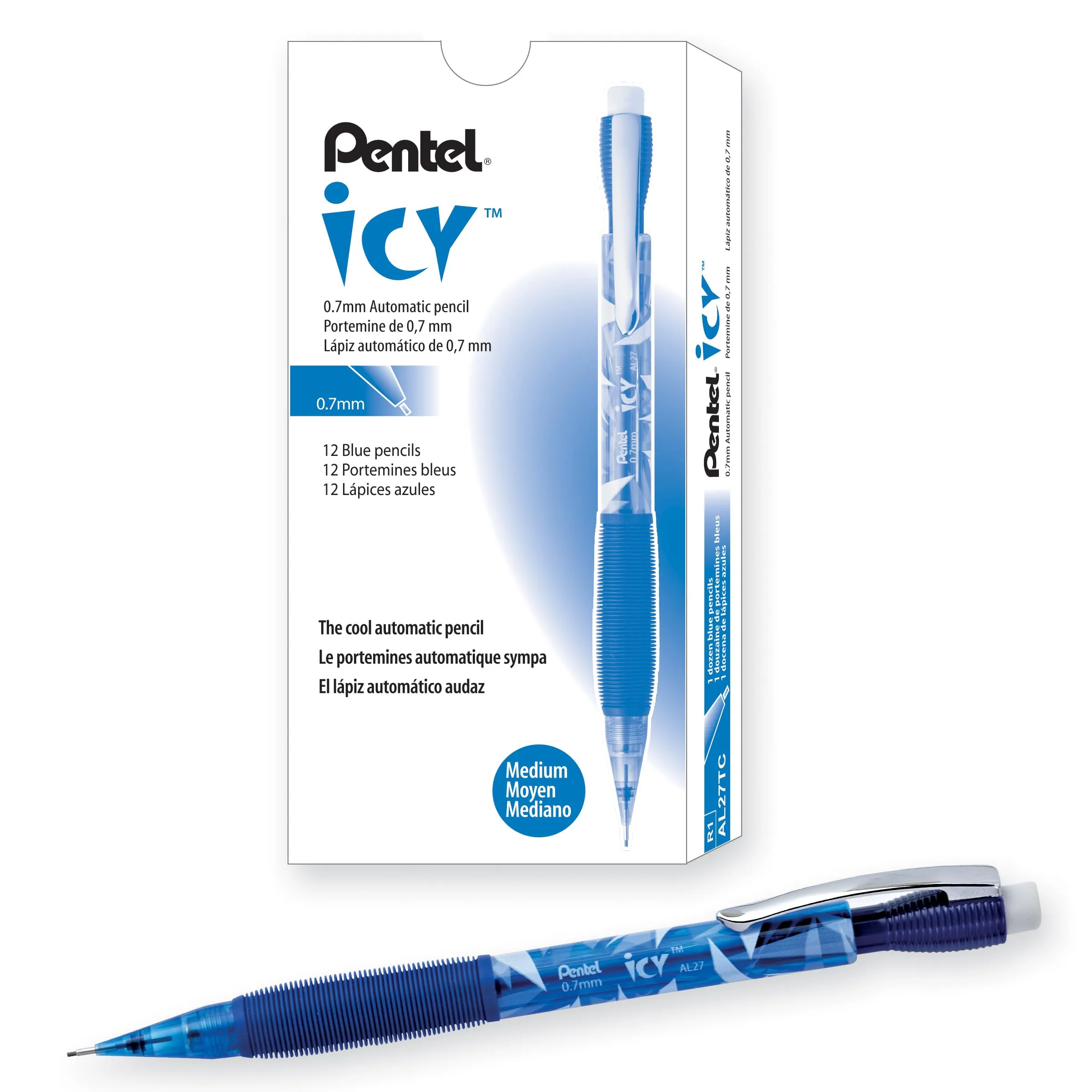 Pentel AL27TC Icy Mechanical Pencil, 0.7mm, Dozen, Blue/Transparent Barrel
