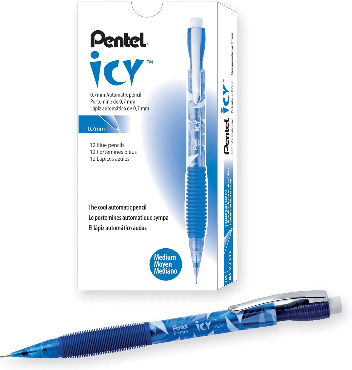 Pentel AL27TC Icy Mechanical Pencil, 0.7mm, Dozen, Blue/Transparent Barrel