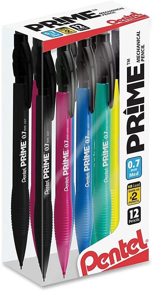 Pentel Prime Mechanical Pencils, 0.7 mm, Medium Point, Assorted Barrel Colors, Pack Of 12