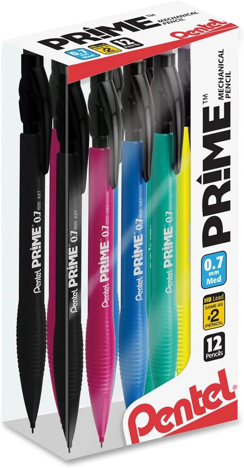 Pentel Prime Mechanical Pencils, 0.7 mm, Medium Point, Assorted Barrel Colors, Pack Of 12