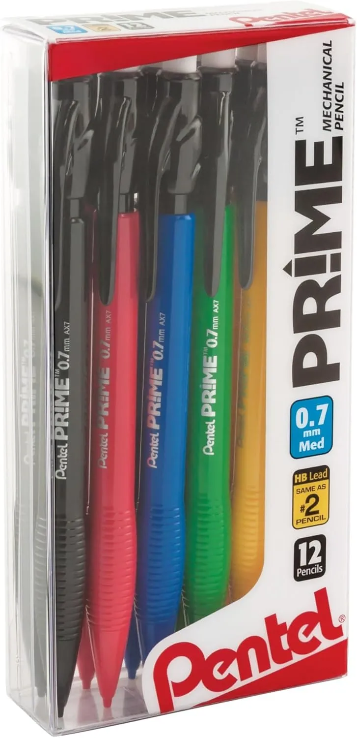 Pentel Prime Mechanical Pencils, 0.7 mm, Medium Point, Assorted Barrel Colors, Pack Of 12