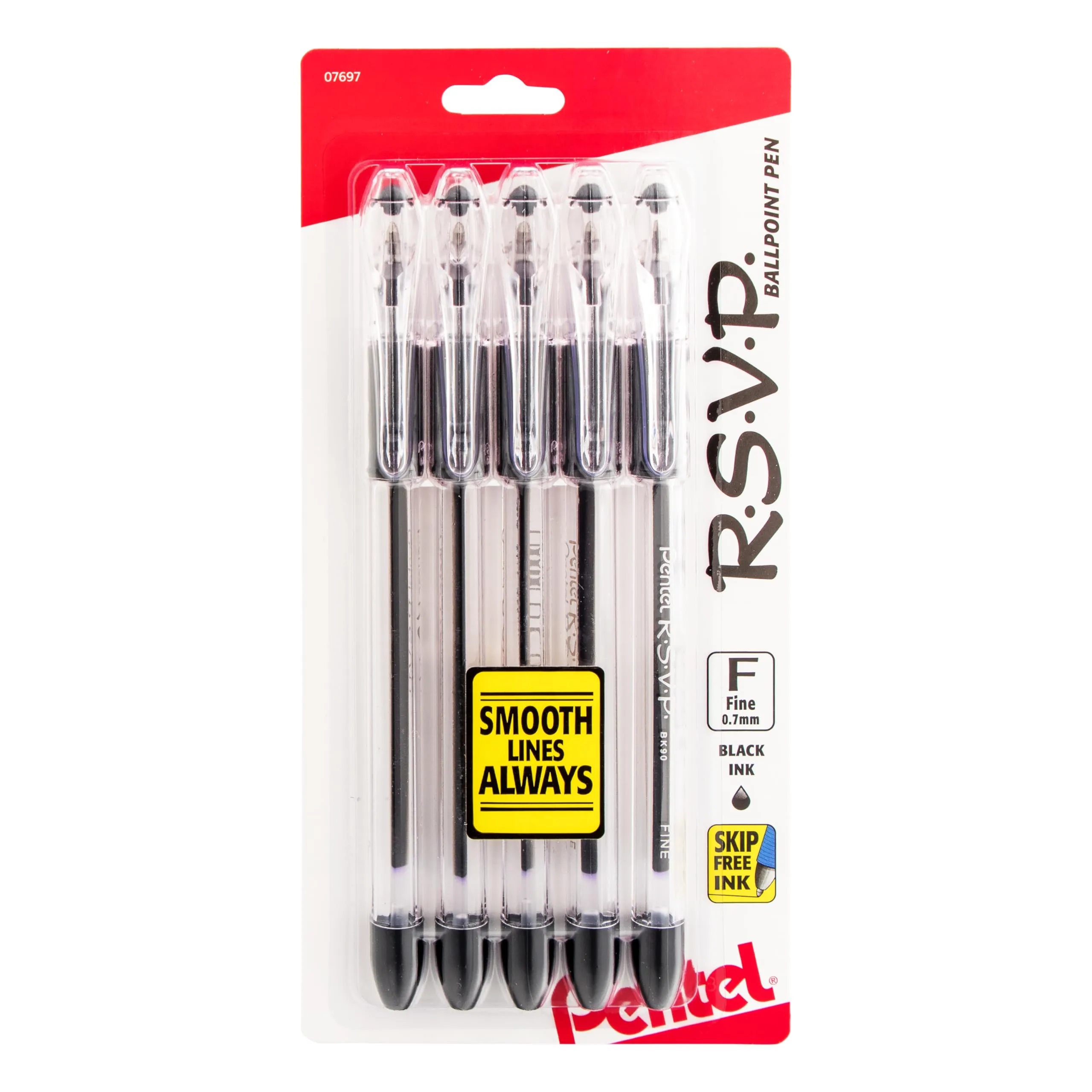Pentel R.S.V.P. Ballpoint Pens, Fine Point 0.7 mm, Black Ink, Pack of 5