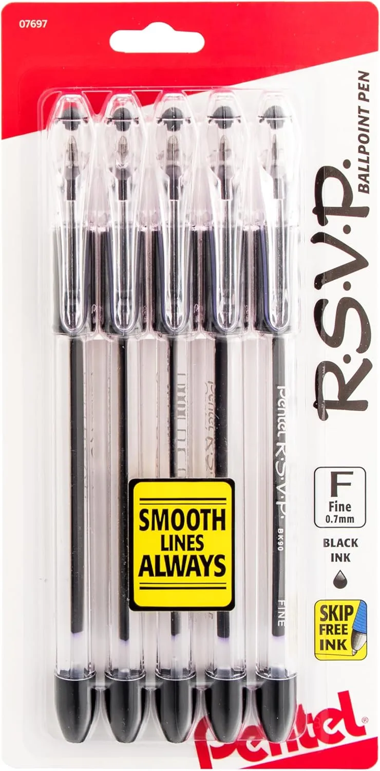 Pentel R.S.V.P. Ballpoint Pens, Fine Point 0.7 mm, Black Ink, Pack of 5