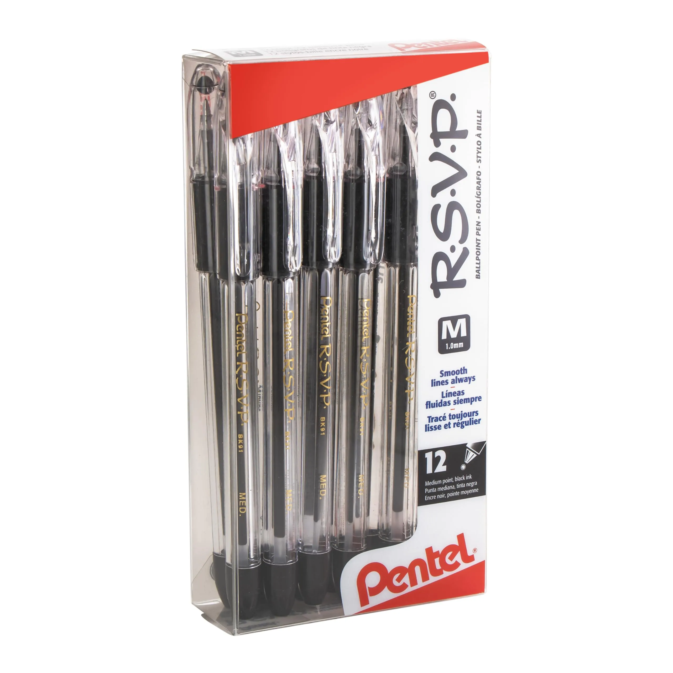 Pentel RSVP Ballpoint Pen, 1.0 mm, Medium, Black Ink, Pack of 12