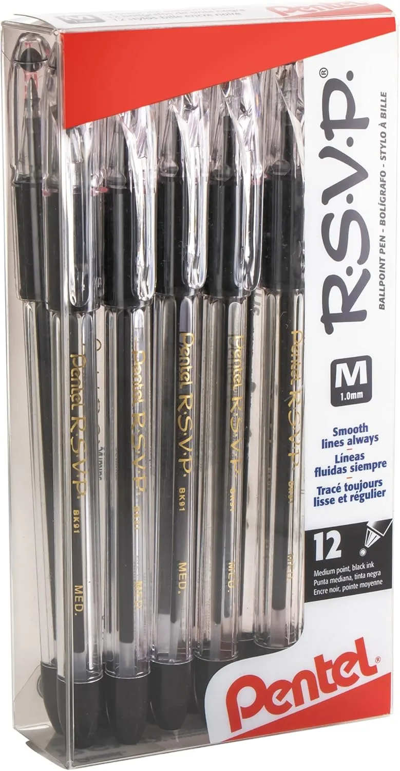 Pentel RSVP Ballpoint Pen, 1.0 mm, Medium, Black Ink, Pack of 12