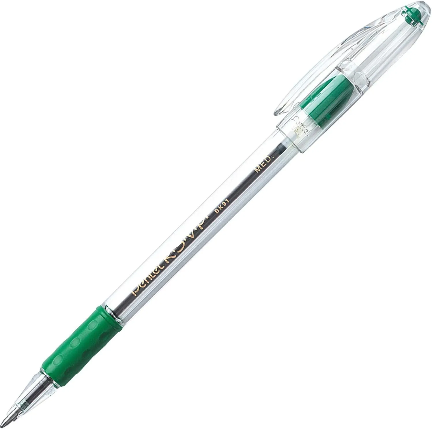 Pentel R.S.V.P. Ballpoint Pens, 1.0 mm Medium Point, Clear Barrel, Green Ink, Pack of 12