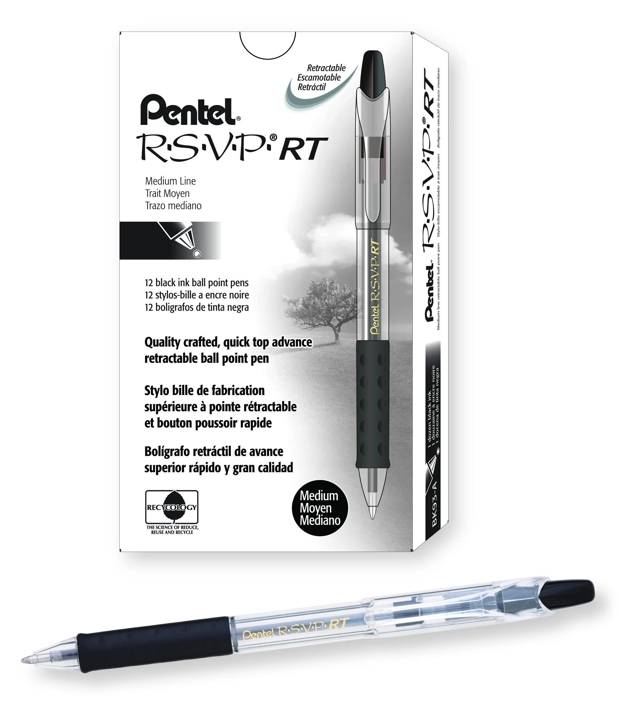 Pentel® R.S.V.P.® RT Retractable Ballpoint Pens, Medium Point, 1.0 mm, 61% Recycled, Transparent Black Barrel, Black Ink, Pack Of 12 Pens Black 12 Pack