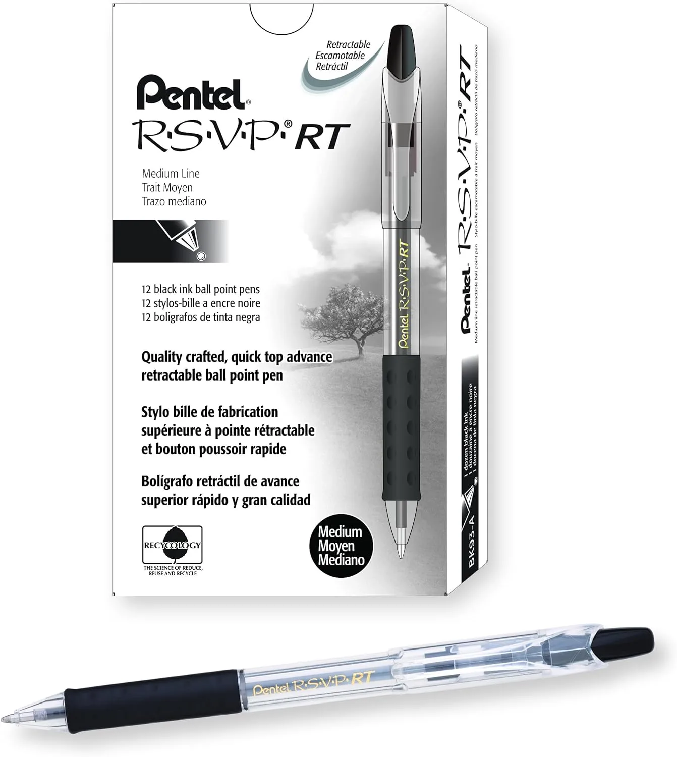 Pentel® R.S.V.P.® RT Retractable Ballpoint Pens, Medium Point, 1.0 mm, 61% Recycled, Transparent Black Barrel, Black Ink, Pack Of 12 Pens Black 12 Pack