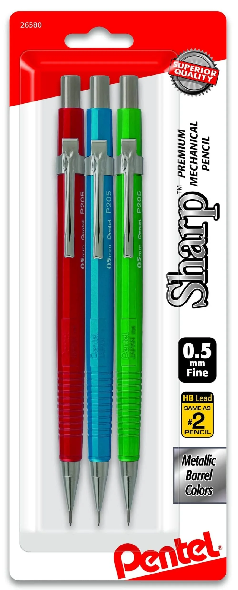 Pentel Sharp Premium Mechanical Pencils, 0.5 mm HB, Assorted Metallic Barrels, 3-Pack