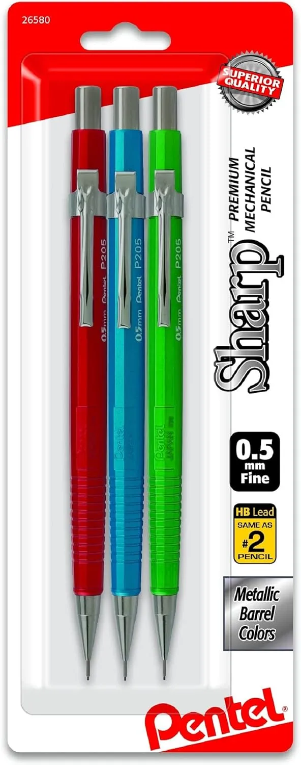 Pentel Sharp Premium Mechanical Pencils, 0.5 mm HB, Assorted Metallic Barrels, 3-Pack