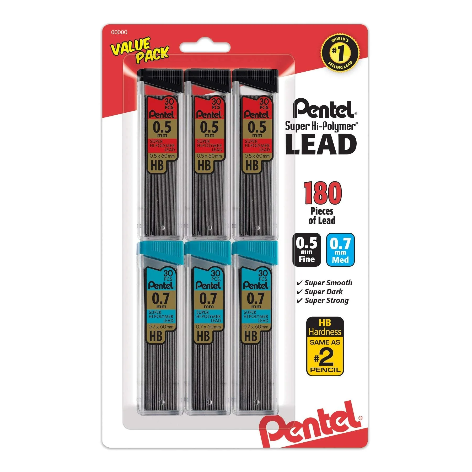 Pentel Super Hi-Polymer Lead Refills Value Pack, 3 Packs of 0.5 mm, 3 Packs of 0.7 mm Point, 30 Leads per Pack - 180 Total Quantity