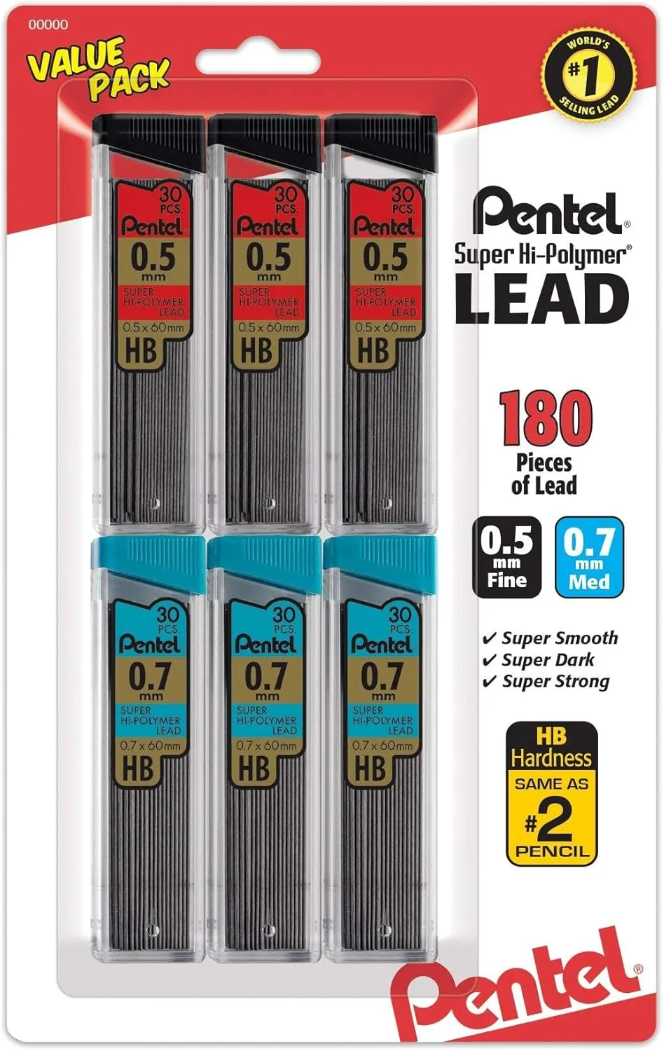 Pentel Super Hi-Polymer Lead Refills Value Pack, 3 Packs of 0.5 mm, 3 Packs of 0.7 mm Point, 30 Leads per Pack - 180 Total Quantity