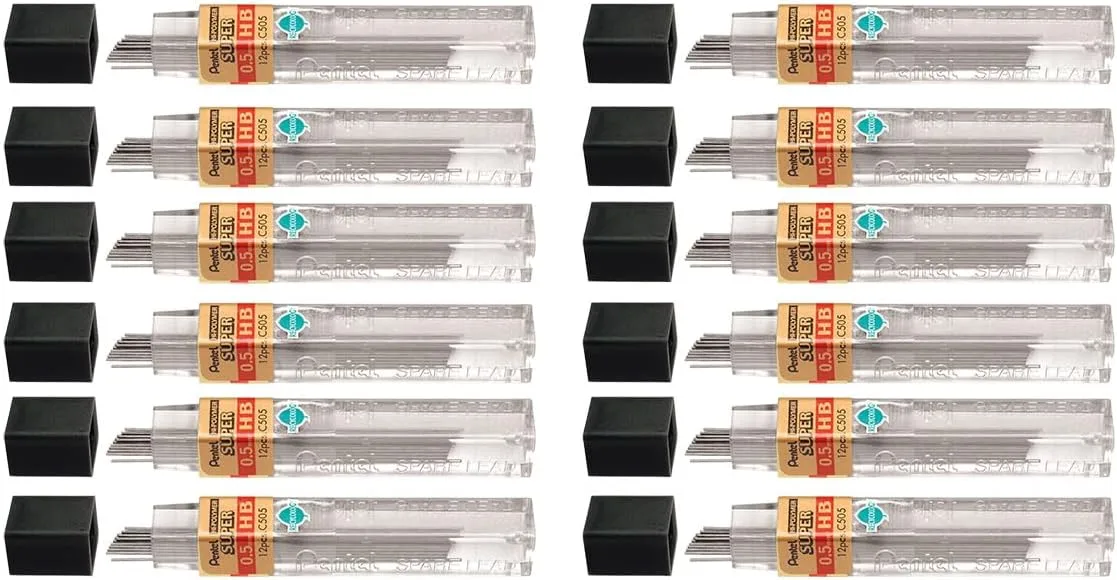 Pentel Super Hi-Polymer Leads HB 0.5mm, 12 Leads/Tube (Pack of 12 / 144 Count)