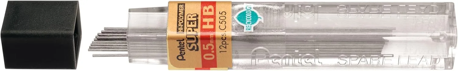 Pentel Super Hi-Polymer Leads HB 0.5mm, 12 Leads/Tube (Pack of 12 / 144 Count)