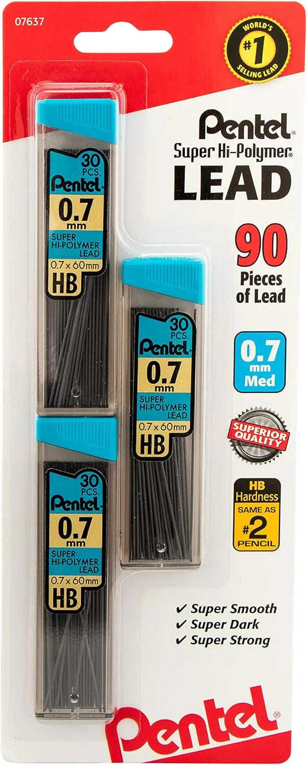 Pentel C27BPHB3K6 Super Hi-Polymer Lead Refills, 0.7mm, HB, Black, 30/Tube