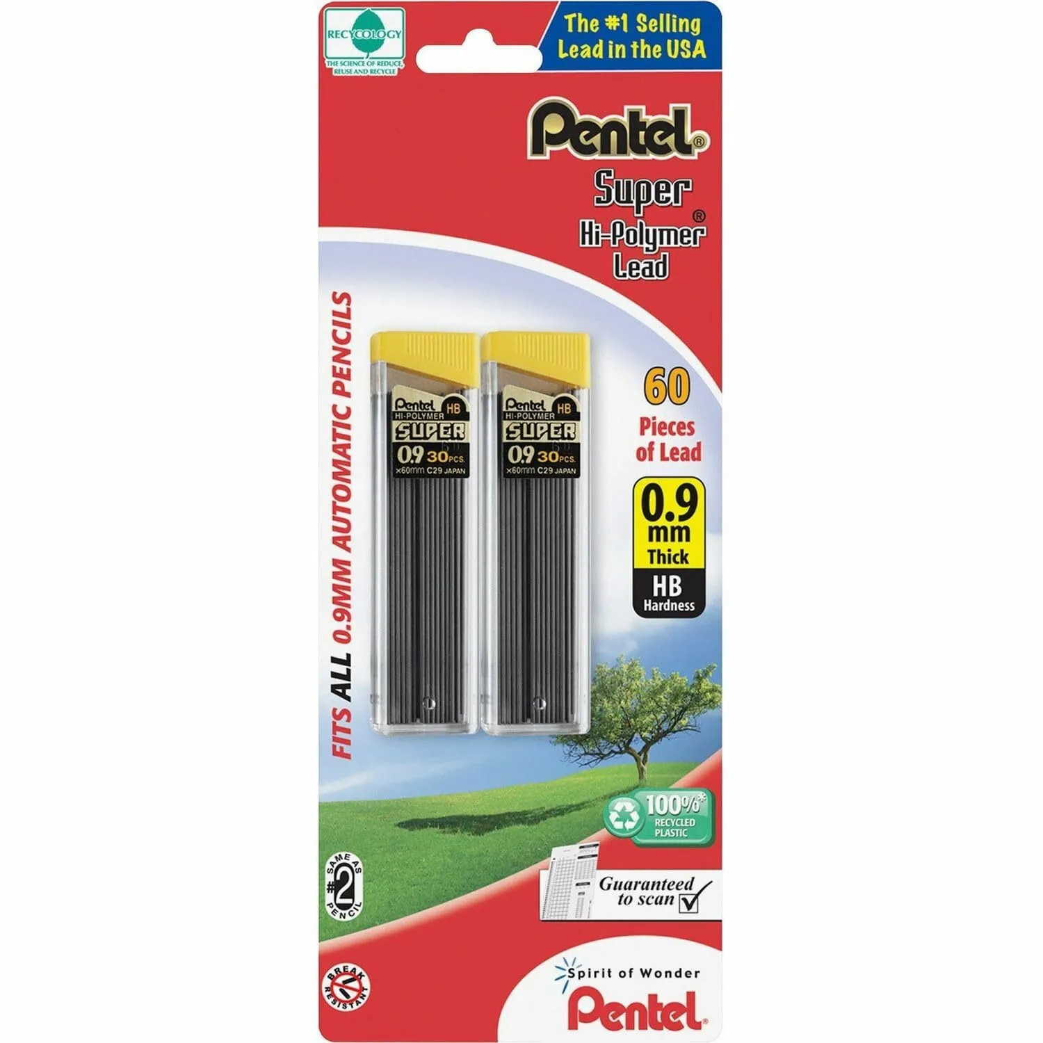 Pentel Super Hi-Polymer 0.9mm HB Lead Refills, Bold Point, 60 Count
