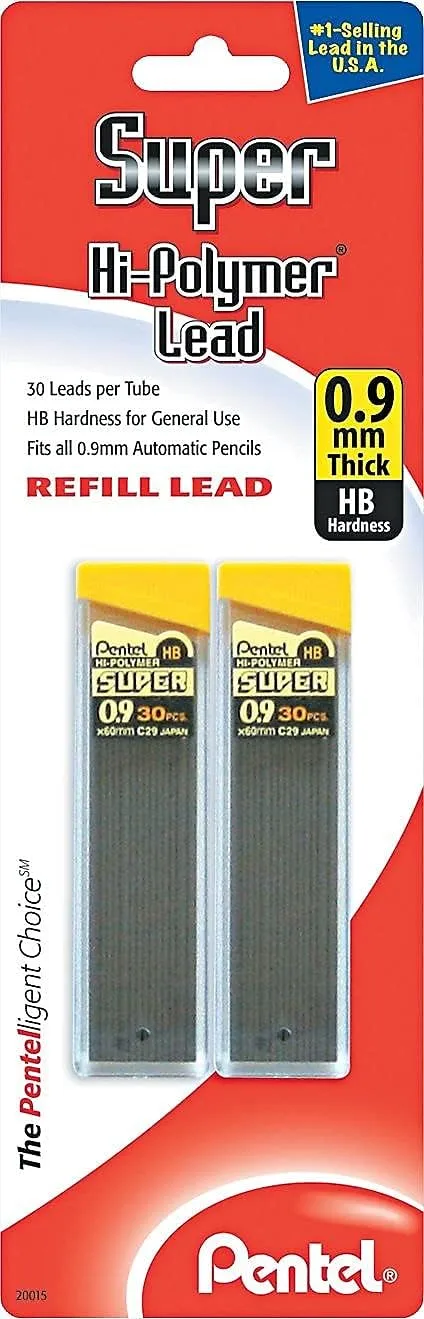 Pentel Super Hi-Polymer 0.9mm HB Lead Refills, Bold Point, 60 Count