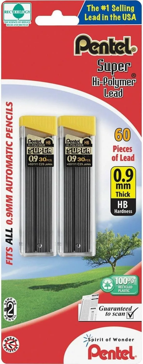 Pentel Super Hi-Polymer 0.9mm HB Lead Refills, Bold Point, 60 Count