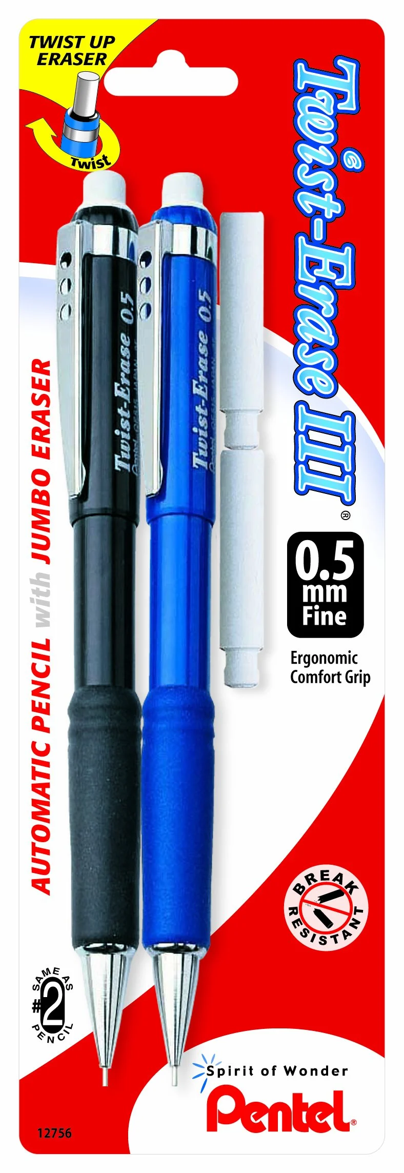 Pentel Twist-Erase III Mechanical Pencils, 0.5mm, #2 Lead, Assorted Barrel Colors, Pack Of 2