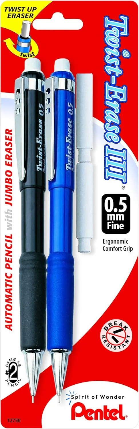Pentel Twist-Erase III Mechanical Pencils, 0.5mm, #2 Lead, Assorted Barrel Colors, Pack Of 2