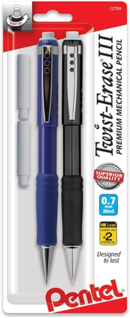 Pentel Twist-Erase III Mechanical Pencils, 0.7mm, Assorted Barrel Colors, Pack Of 2 Pencils