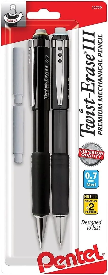 Pentel Twist-Erase III Mechanical Pencils, 0.7mm, Assorted Barrel Colors, Pack Of 2 Pencils