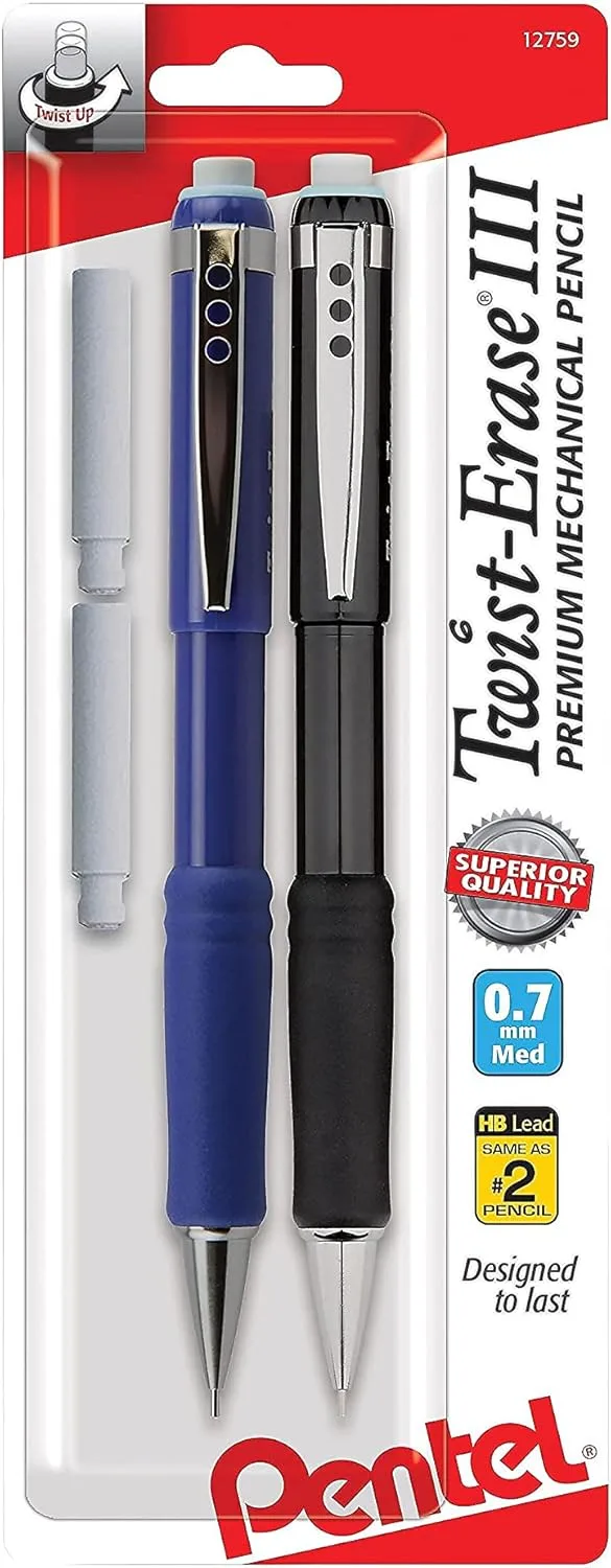 Pentel Twist-Erase III Mechanical Pencils, 0.7mm, Assorted Barrel Colors, Pack Of 2 Pencils
