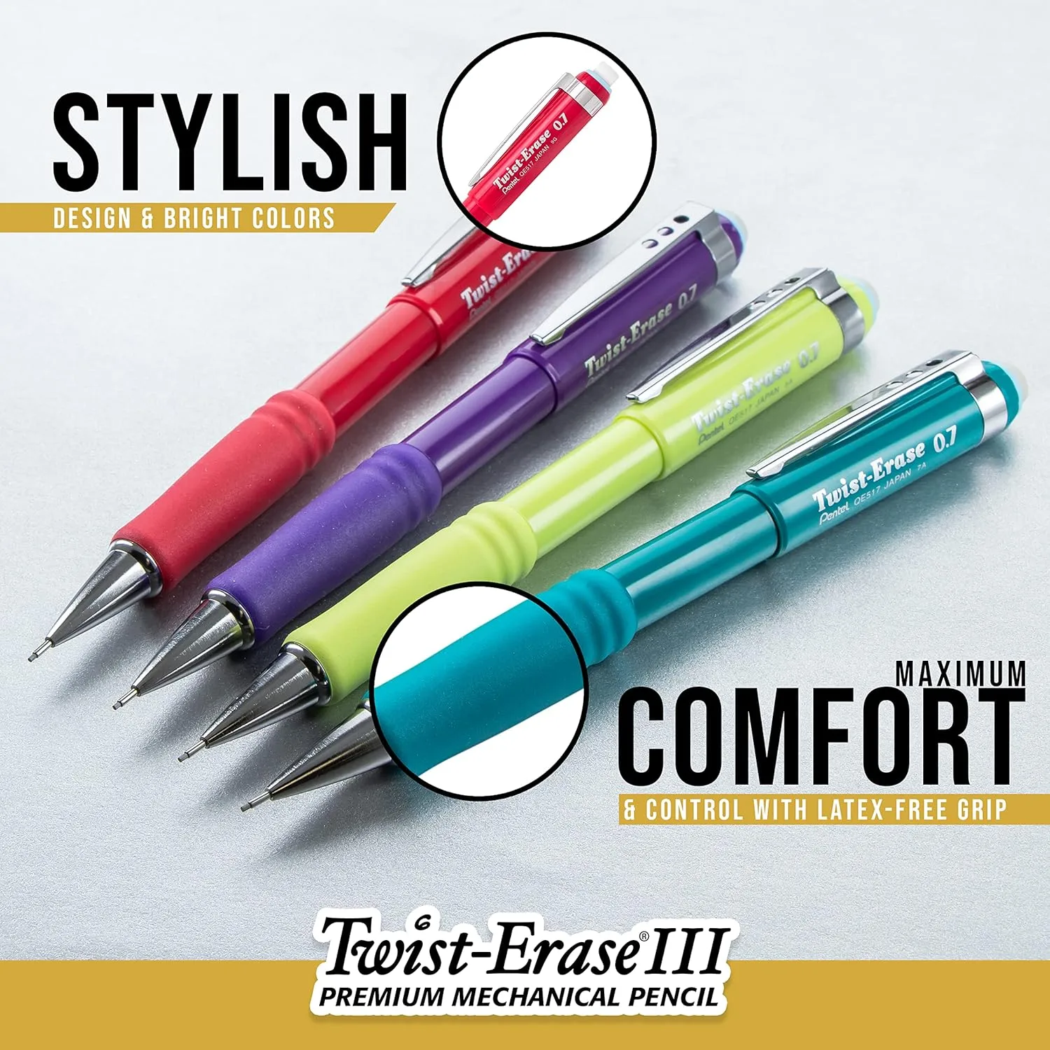 Pentel Twist-Erase III Mechanical Pencils, 0.5mm, #2 Lead, Assorted Barrel Colors, Pack Of 2