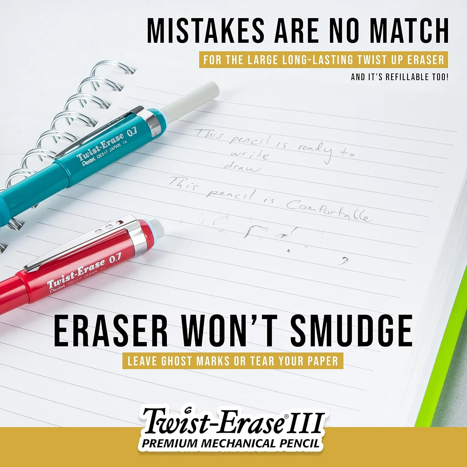 Pentel Twist-Erase III Mechanical Pencils, 0.5mm, #2 Lead, Assorted Barrel Colors, Pack Of 2