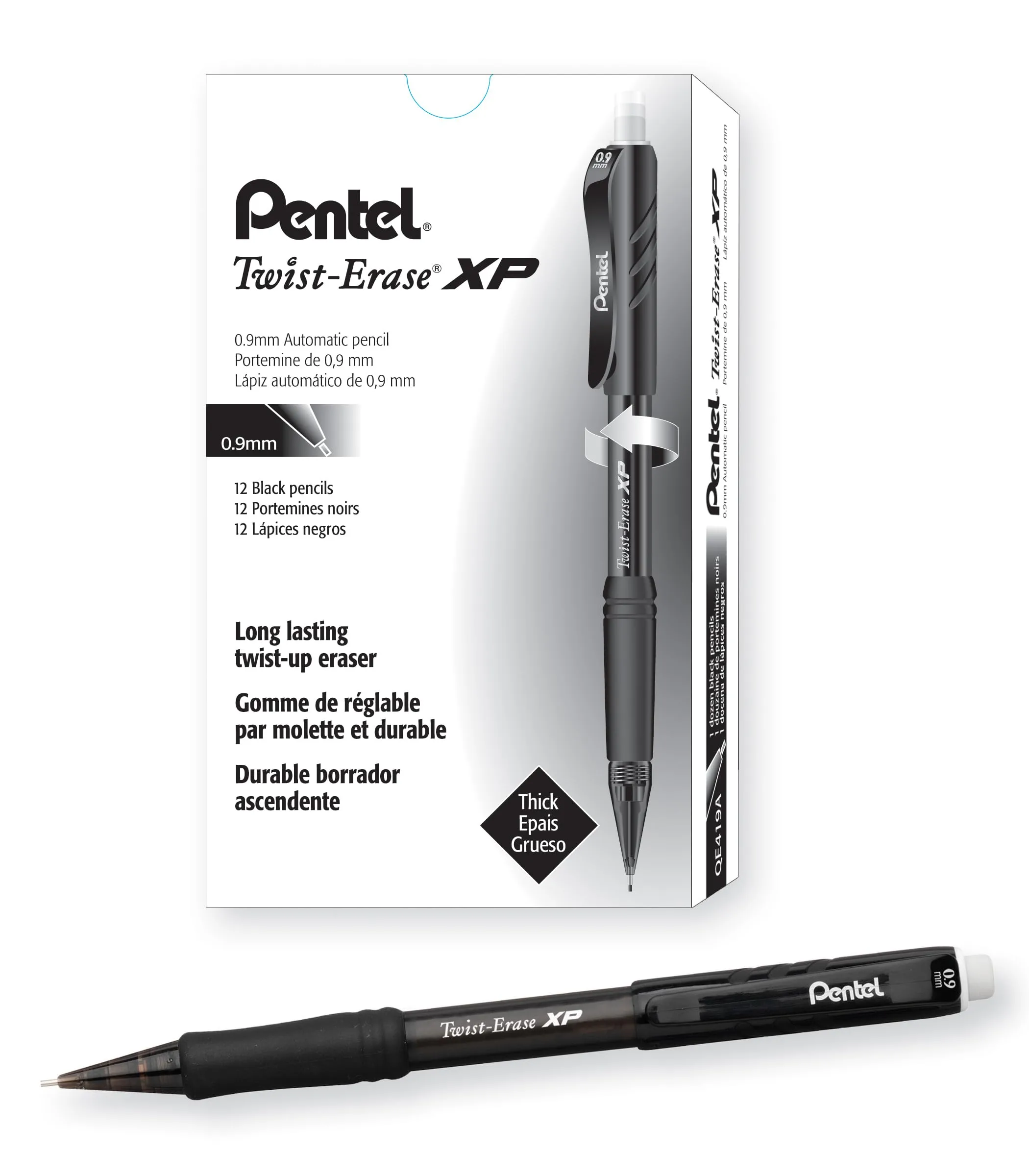 Pentel Twist-Erase Express Mechanical Pencils, 0.9 mm, Smoke Barrel, Pack of 12