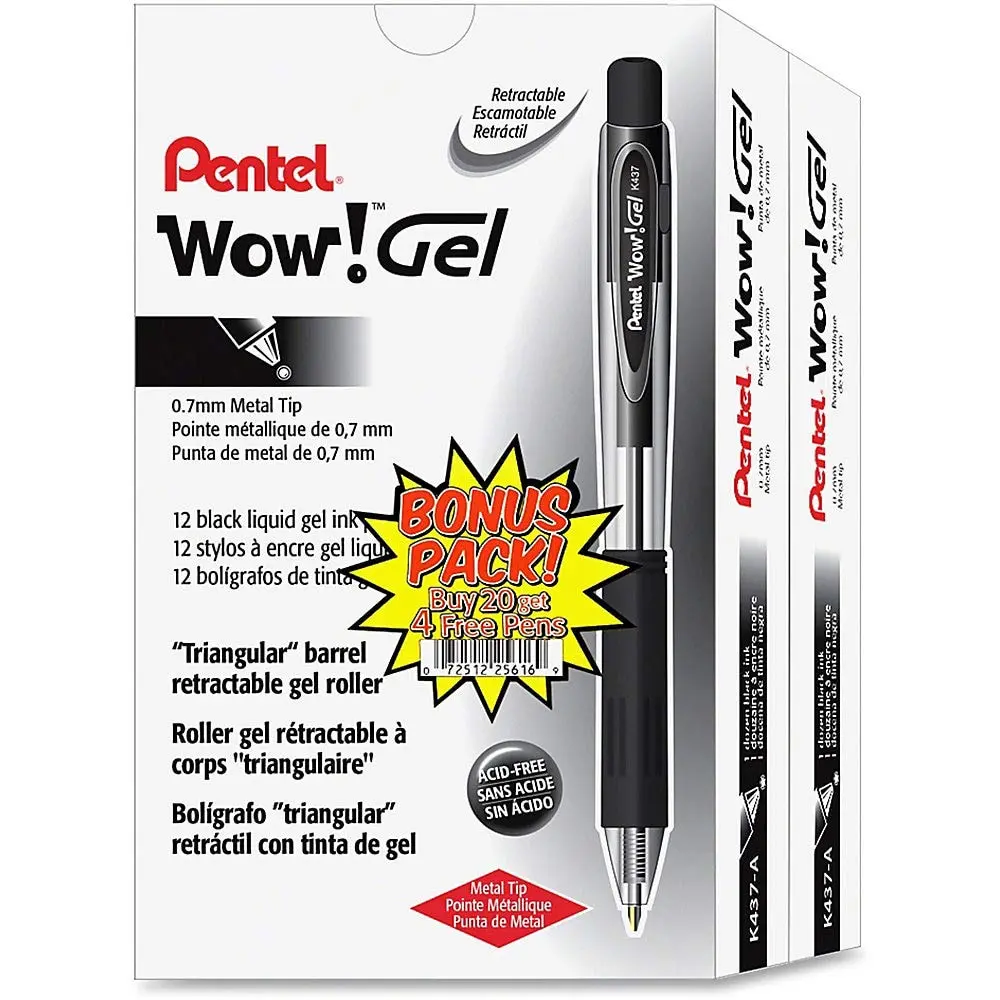 Pentel Wow! Retractable Gel Pens, Medium Point, 0.7 mm, Assorted Barrels, Black Ink, Pack Of 24