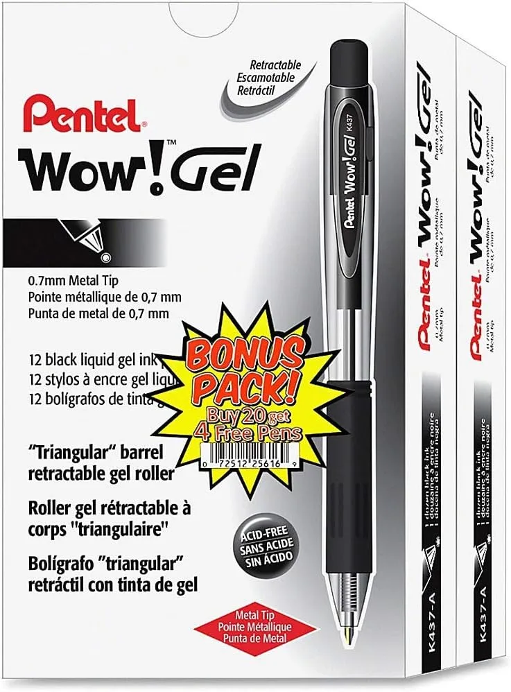 Pentel Wow! Retractable Gel Pens, Medium Point, 0.7 mm, Assorted Barrels, Black Ink, Pack Of 24