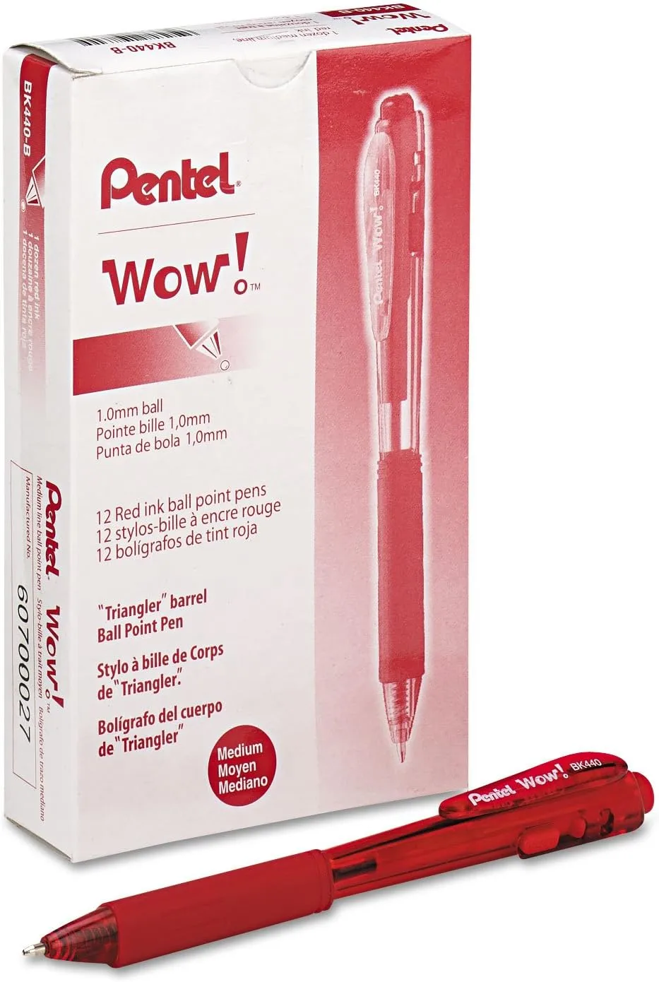 Pentel WOW! Retractable Ballpoint Pens, Medium Point, 1.0 mm, Transparent Blue Barrels, Blue Ink, Pack Of 12