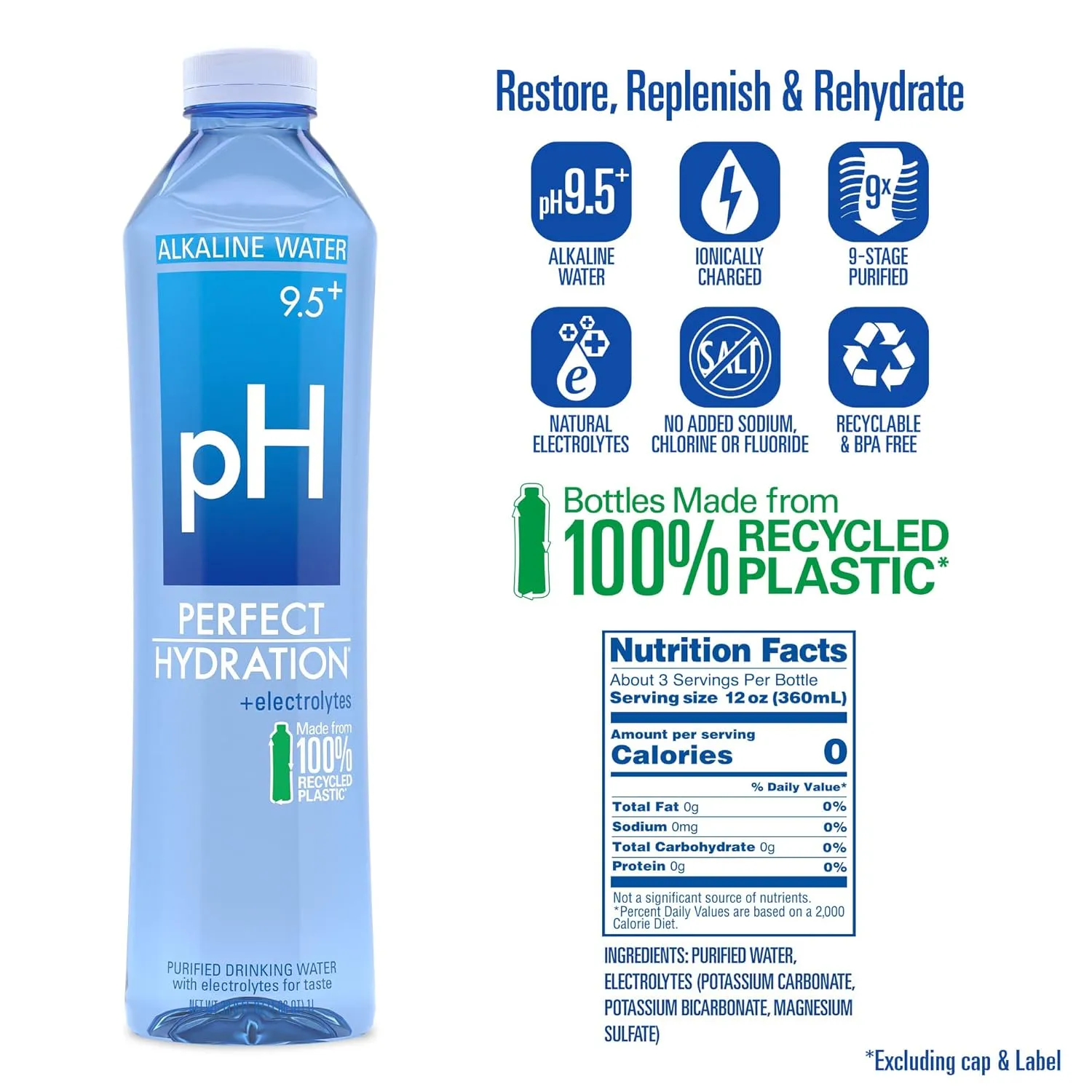 Perfect Hydration 9.5+ pH Alkaline Drinking Water, Purified & Electrolyte Enhanced
