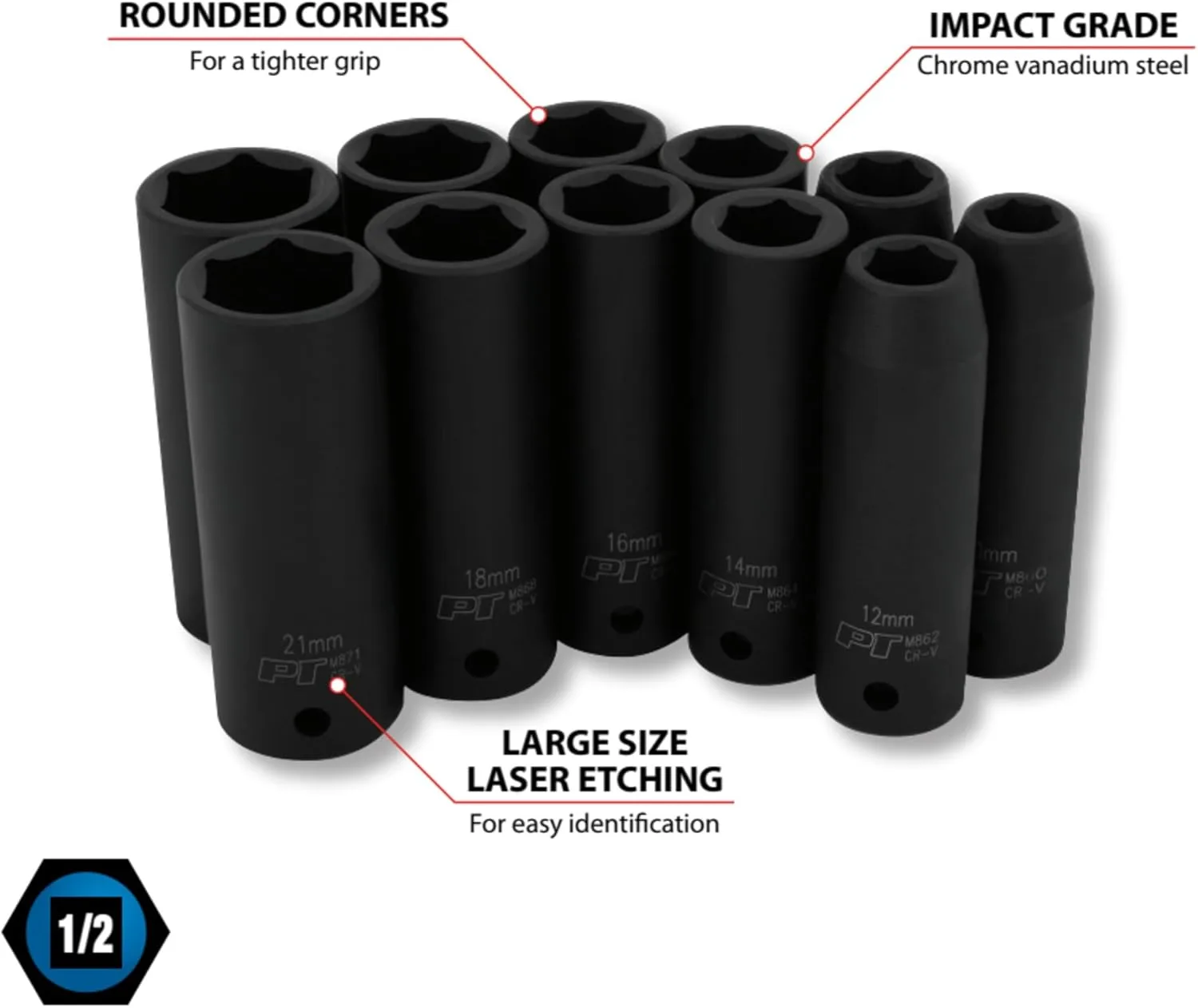 Performance Tool M591DB 1/2-Inch Drive Metric Deep Impact Socket Set, 11-Piece