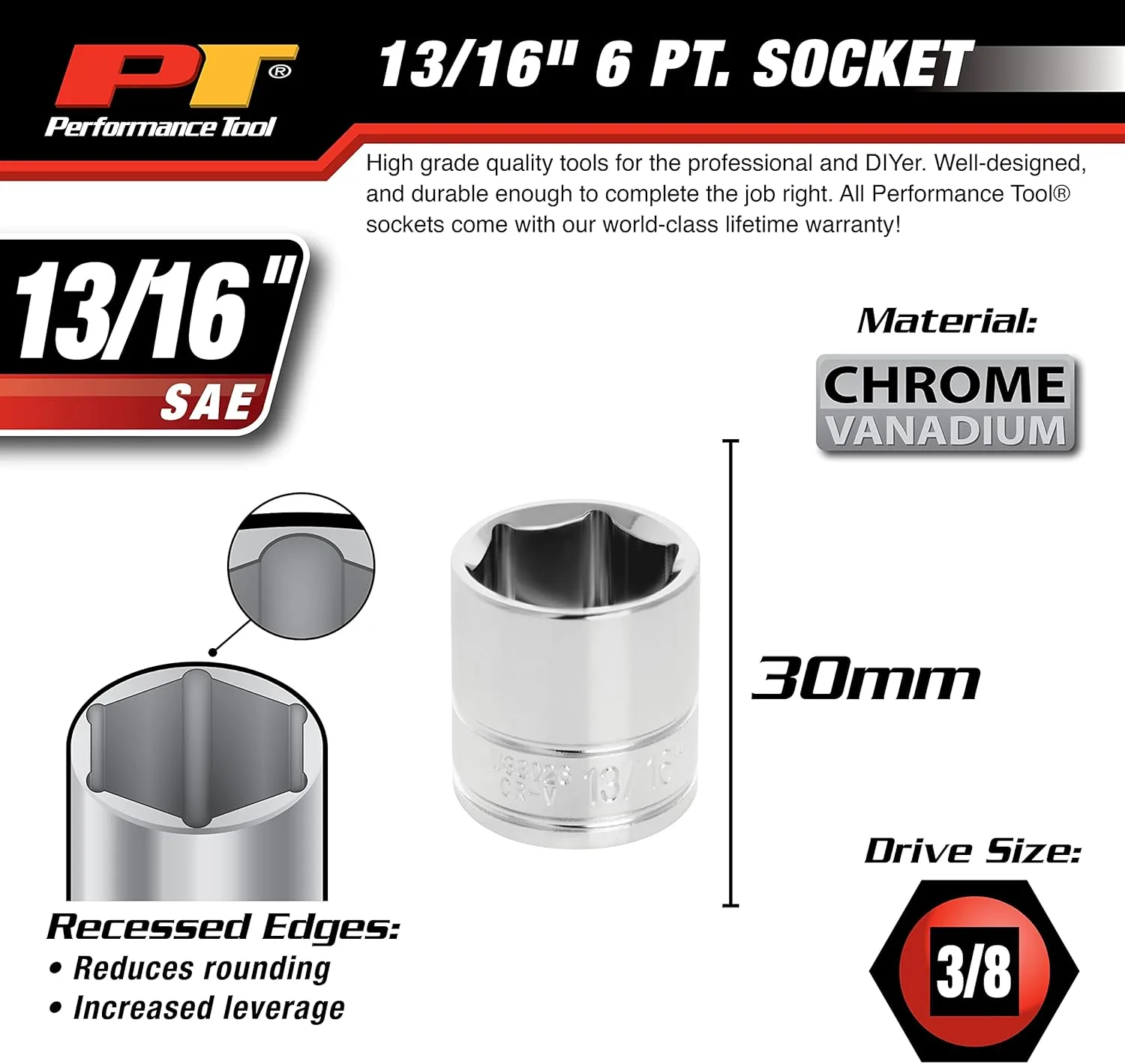 Performance Tool W38026 6-Point Socket, 3/8-Inch Drive, 13/16 1 Count (Pack of 1)