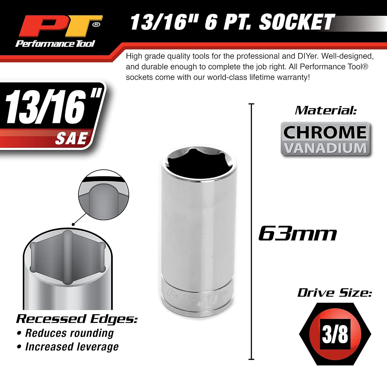 Performance Tool 6-Point Socket, 3/8-Inch Drive