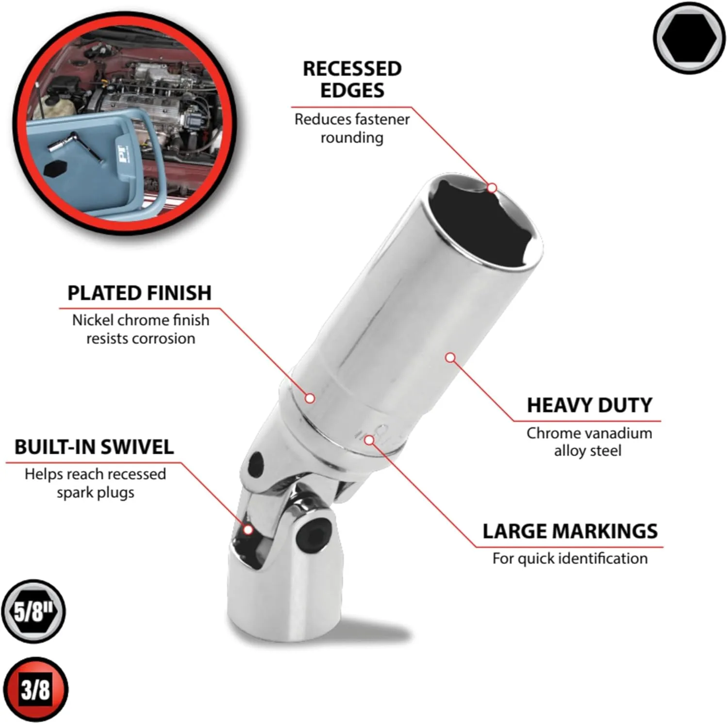 Performance Tool W38161 3/8-Inch Drive 5/8-Inch U-Joint Spark Plug Socket Size: 5/8" U-Joint