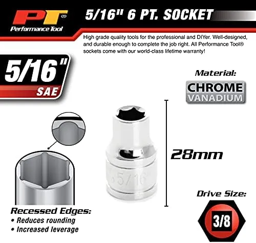 PERFORMANCE TOOL 6-Point Socket, 3/8" Drive
